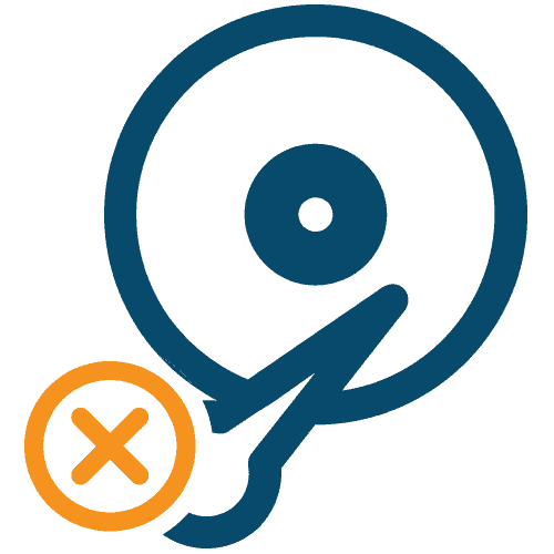Graphic of a hard drive platter and spindle with an X symbol